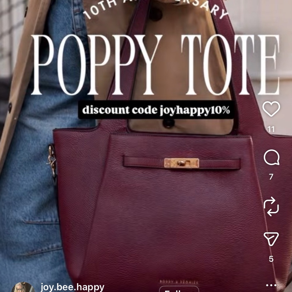 Poppy & Peonies Burgundy Structured Tote with Gold Hardware